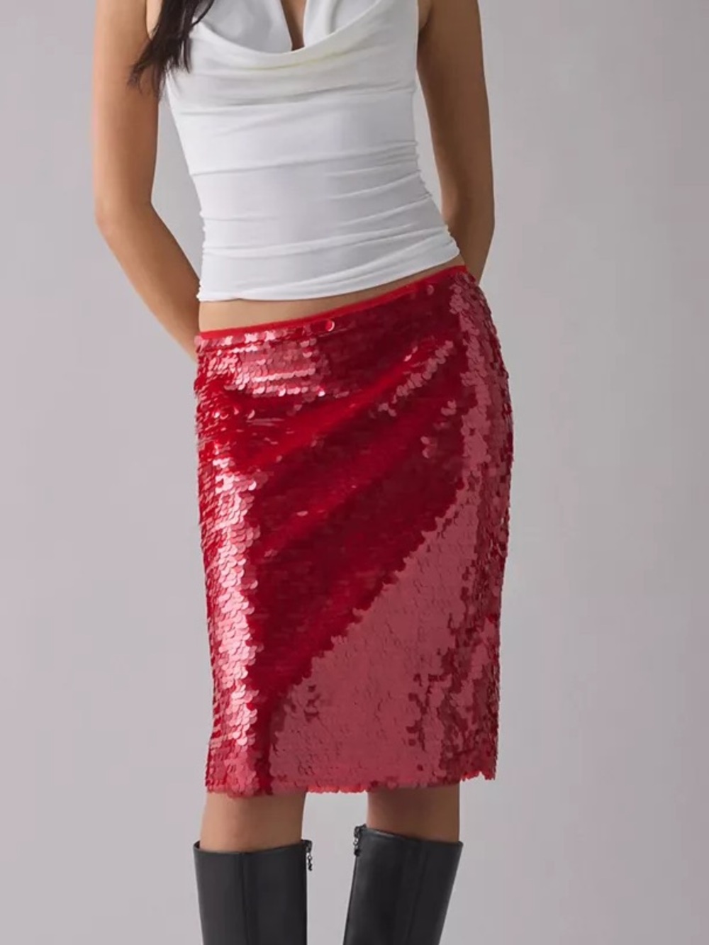 Urban Outfitters | UO Celia Paillette Sequin Low-Rise Midi Skirt Holiday Red New